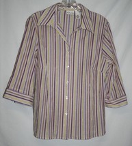 Kim Rogers Petite 10 P Blouse Top Purple Yellow Beige Striped Shirt 3/4 ... - $10.75