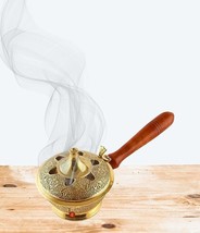 Pure Brass Charcoal Incense Burner, Loban Burner, with Wooden Handle Size 8 INCH - £25.73 GBP