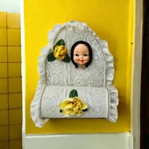 Vintage Kitschy Handmade Doll Head Lace Yellow Roses Wall Paper Towel Holder - £31.98 GBP
