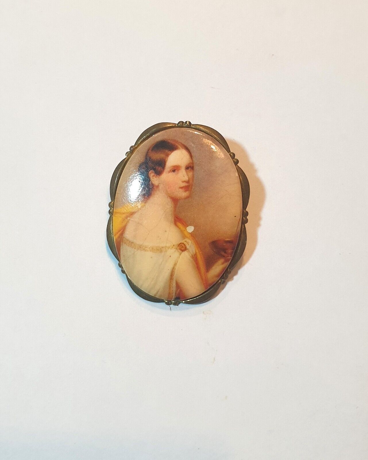 Vintage Medallion Shape Brooch Victorian Woman motif Signed Western Germany - $61.38