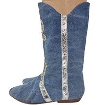 80s Stop by Bernie Mev Blue Denim Boots Silver Ribbon Detail Leather Sol... - $475.72 MXN