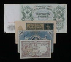 Belgium, Germany &amp; Russia Misc 4-Notes Lot Francs, Mark &amp; Rubles - $52.47