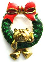Vtg Signed Lia Christmas Wreath Brooch Pin Dangling Bear Enamel Gold Tone - £19.59 GBP
