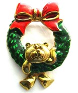 Vtg Signed Lia Christmas Wreath Brooch Pin Dangling Bear Enamel Gold Tone - £19.26 GBP