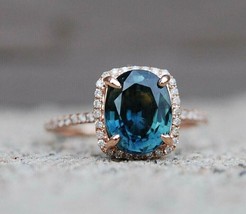 14k Rose Gold Plated 2.3Ct Oval Simulated London Blue Topaz Engagement Halo Ring - £85.57 GBP