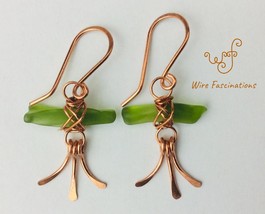Handmade green sea glass earrings criss cross copper wrapped Japanese lanterns - £24.78 GBP