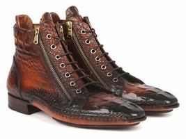 Paul Parkman Mens Shoes Boots Brown Crocodile Textured Calfskin Leather 88APK87 - £543.55 GBP