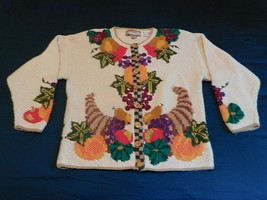 CARDIGAN BAY Hand Knit Fall Harvest Chunky Cardigan Sweater Cornucopia L Vintage - £47.74 GBP