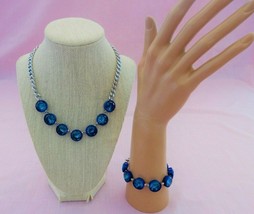 Fun unique modern industrial look round blue rhinestone necklace &amp; bracelet set - £16.08 GBP