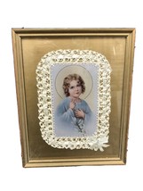 Vintage Prayer Card Crochet Edge Christ Child Jesus Unique Framed Excellent - £10.96 GBP