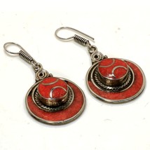 Red Coral Gemstone Handmade Bohemian Drop/Dangle Earrings Nepalese 2.30&quot; SA 3463 - £4.77 GBP