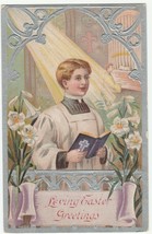 Vintage Postcard Easter Choir Boy Lilies Silver Trim Embossed - £5.54 GBP