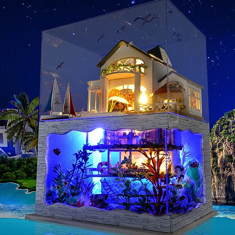 Diy Miniature Dollhouse casa Kit Big House Sea Villa Wooden Doll House With - £22.86 GBP+