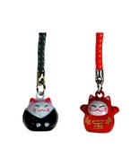 SET OF 2 LUCKY CAT BELL CHARM Red Black Maneki Neko Mobile Cell Phone St... - €7,83 EUR