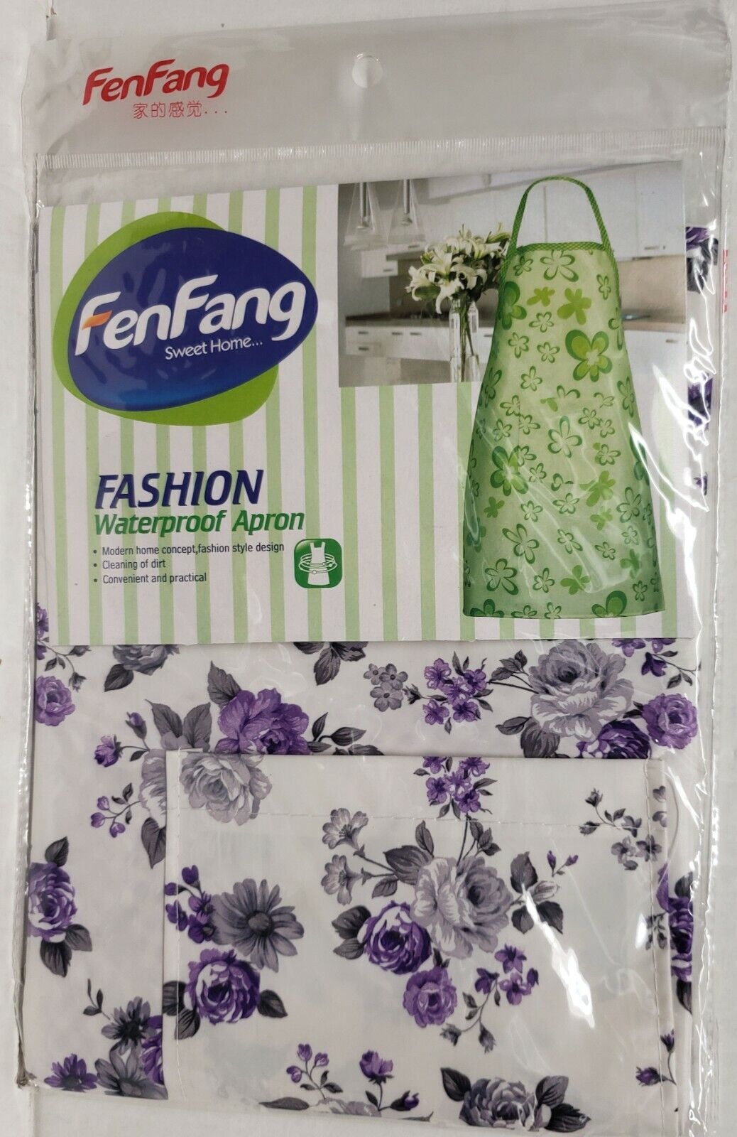 Primary image for Printed Vinyl Kitchen Apron with pocket, PURPLE FLOWERS, Fen Fang