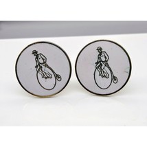 Vintage High Wheeler Cyclist Bicycle Cuff Links, White Enamel on Gold Tone - £19.79 GBP