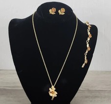 AVON Gold Colored Rose Necklace / Brooch, Bracelet & Earring Set - £27.22 GBP