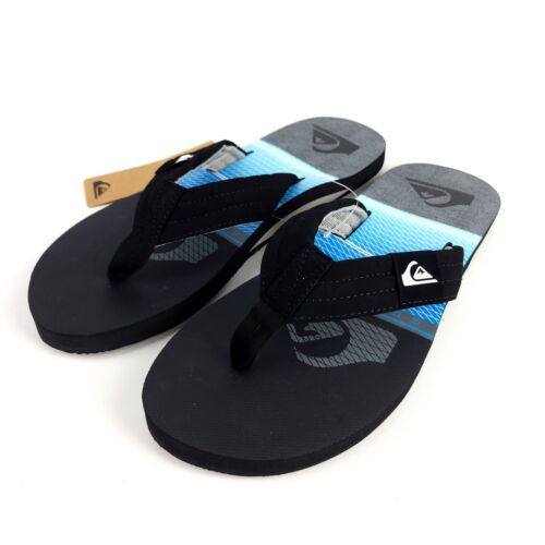 QUIKSILVER Mens 12 Black Blue Logo Quilted Wide Straps Flip Flop Black Blue Gray - $26.38