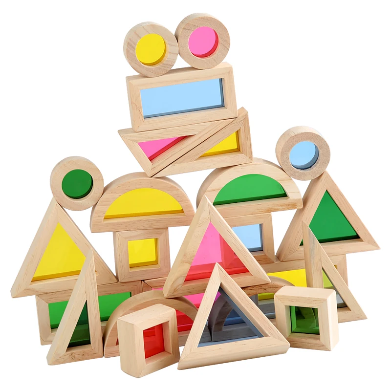 Baby Wood Toy Colorful Kaleidoscope Building Rainbow Acrylic Geometric Shapes - £49.15 GBP