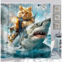 Funny Cat Shower Curtain For Bathroom, Riding Shark Theme Ocean Curtains For Bat - £27.60 GBP