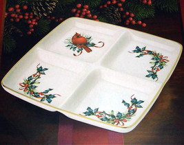 Lenox Winter Greetings 4 Part Divided Square Serving Dish Red Cardinal B... - £33.55 GBP