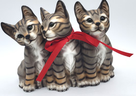 Harvey Knox 3 Tiger Stripe Kitty Cat Kitten Figurine Brown Eyes Porcelain 7&quot;Tall - £31.13 GBP
