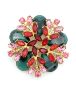 MARBLED multicolor rhinestone flower brooch - big 2&quot; green pink red laye... - £19.57 GBP