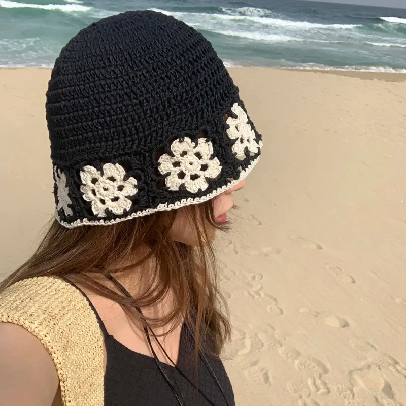 Knitted Floral Bucket Hats For Women Spring Summer Sun Hat Female Crochet - £13.76 GBP