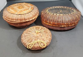 Set of 3 Vintage Handmade Rattan and Bamboo Woven Round Basket with Lids - £38.99 GBP
