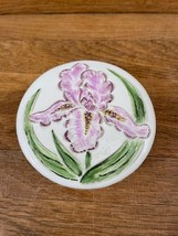 Ceramic Trinket Box Dish Purple Iris Raised Hand Painted Purple Sponged 1984 - £13.13 GBP