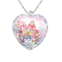 Cute Acrylic Pink Butterfly Heart Pendant Necklace - New - £11.98 GBP