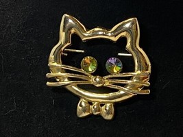 Cat Head BROOCH PIN AB Aurora Borealis Crystal Eyes Bow Tie Gold Tone 2.25” - £10.99 GBP