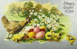 Chicken and Chicks Colored Easter Eggs Happy Easter Early 1900s Antique ... - £3.88 GBP