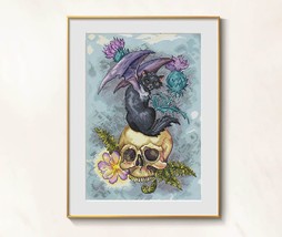 Black Cat Cross Stitch Gothic pattern pdf - Skeleton cross stitch floral skull  - £11.17 GBP