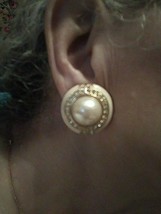 Vintage Clip Earrings Faux Mabe Pearl With Creamy Enamel Surround &amp; Rhinestones - $28.00