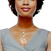 2 Pcs Clear Crowned Black Queen &amp; Africa Pendant Gold Plated Chain Necklaces - £30.55 GBP