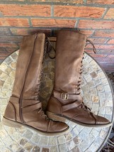 Target Lace Up Brown Faux Leather Knee High Granny Boots Size 8.5 Side Zip Shoes - £34.12 GBP