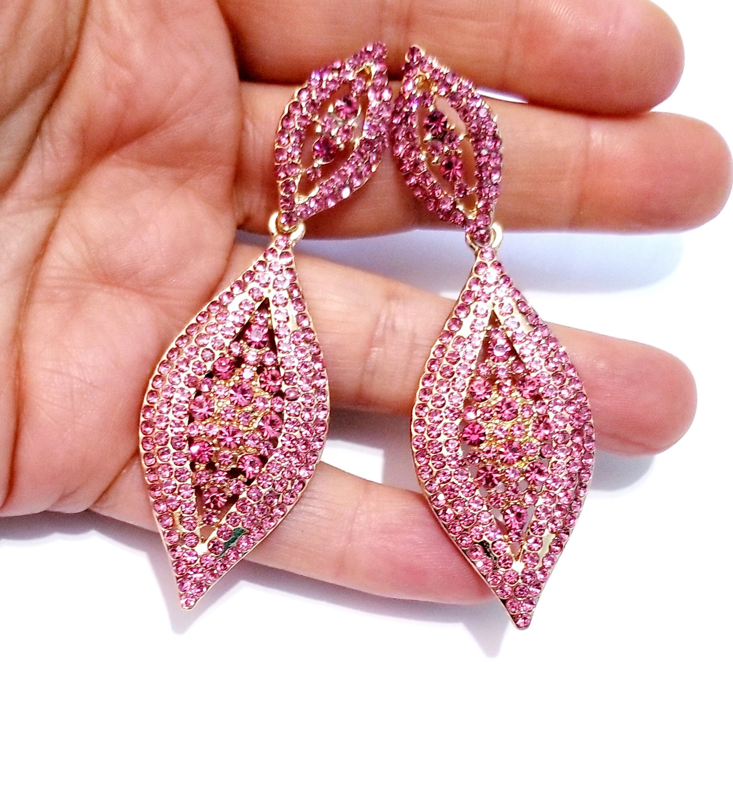 Rhinestone Bridal Earrings, Prom Chandelier Earrings, Pink Drop Pageant Earrings - £33.13 GBP