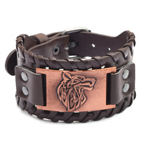 Vintage Viking Leather Braided Bracelet for Men Celtic Wolf Head Bracelets Class - £8.52 GBP