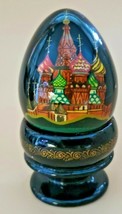 Vintage Russian Black Lacuer 3&quot; Egg Moscow on Stand Hand Painted (U25/22) - £31.41 GBP