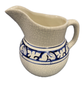 Art Pottery Crackle Glazed Pitcher with Blue Painted Trim, Signed - £15.17 GBP