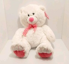 Valentine’s White Plush Teddy Bear Lg Pink Ribbon Stuffed Animal Great G... - $19.10