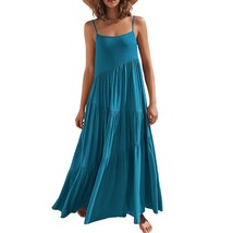 Women&#39;S Summer Adjustable Spaghetti Strap Sleeveless Dresses Casual Loose Tiered - £62.53 GBP