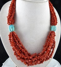 Designer Natural Coral Blue Turquoise Beads 600 Carats Gemstone Silver Necklace - £208.48 GBP