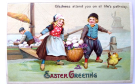 Easter Greetings Postcard Dutch Children Egg Basket Dockside Boat Windmi... - £13.82 GBP