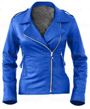 New Handmade Woman Blue Brando Style Biker Flash Real Cowhide Leather Ja... - $167.39+