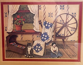 Cat and Doll By Wilma Vincent 1983 Print Wood Frame 13.5 X 11.5&quot; In Glass - £97.28 GBP