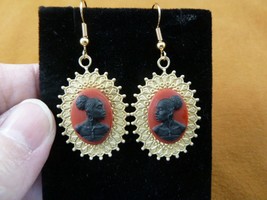 CAE1-56) Rare African American Lady Black Burgundy Cameo Dangle Earrings Jewelry - £18.45 GBP