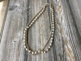 Vintage Gold Tone 2 Strand Long Chain &amp; Faux Pearl Necklace 23.5&quot; - £10.97 GBP