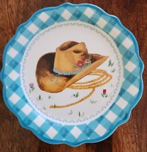 Four (4) Pioneer Woman ~ Gingham Edge w/Cowboy Hat Pattern ~ 7&quot; Stoneware Plates - £29.21 GBP
